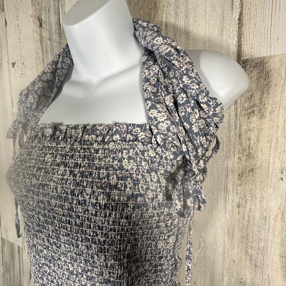 Mable Dusty Blue Floral Midi Dress M | Smocked Halter | Ruffle Hem | MSRP $90 - Picture 5 of 10